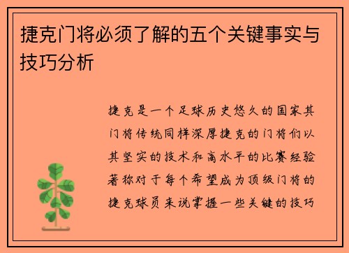 捷克门将必须了解的五个关键事实与技巧分析