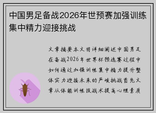中国男足备战2026年世预赛加强训练集中精力迎接挑战